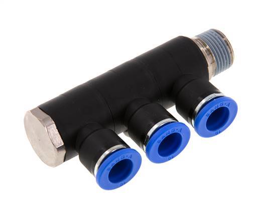 10mm x R3/8'' 3-way Manifold Push-in Fitting with Male Threads Brass/PA 66 NBR Rotatable
