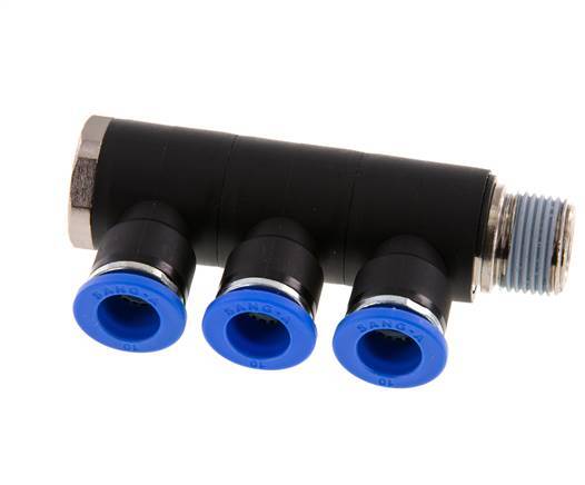 10mm x R3/8'' 3-way Manifold Push-in Fitting with Male Threads Brass/PA 66 NBR Rotatable