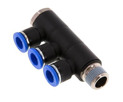 10mm x R3/8'' 3-way Manifold Push-in Fitting with Male Threads Brass/PA 66 NBR Rotatable