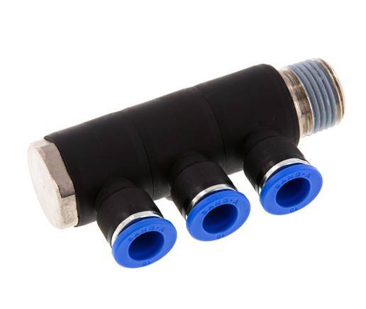 10mm x R1/2'' 3-way Manifold Push-in Fitting with Male Threads Brass/PA 66 NBR Rotatable