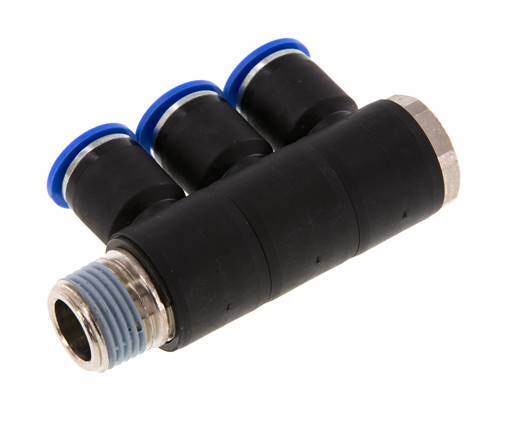 12mm x R1/2'' 3-way Manifold Push-in Fitting with Male Threads Brass/PA 66 NBR Rotatable