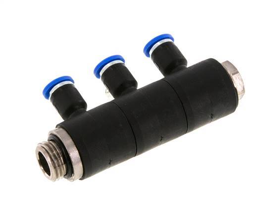 4mm x G1/4'' 3-way Manifold Push-in Fitting with Male Threads Brass/PA 66 NBR Rotatable