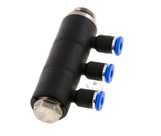 4mm x G1/4'' 3-way Manifold Push-in Fitting with Male Threads Brass/PA 66 NBR Rotatable