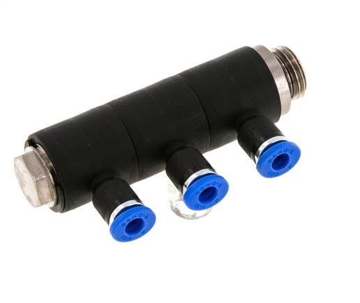 4mm x G1/4'' 3-way Manifold Push-in Fitting with Male Threads Brass/PA 66 NBR Rotatable