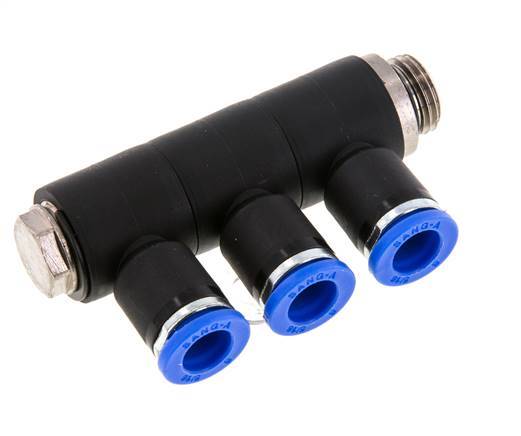 8mm x G1/4'' 3-way Manifold Push-in Fitting with Male Threads Brass/PA 66 NBR Rotatable