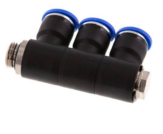 10mm x G1/4'' 3-way Manifold Push-in Fitting with Male Threads Brass/PA 66 NBR Rotatable