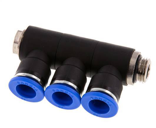 10mm x G1/4'' 3-way Manifold Push-in Fitting with Male Threads Brass/PA 66 NBR Rotatable