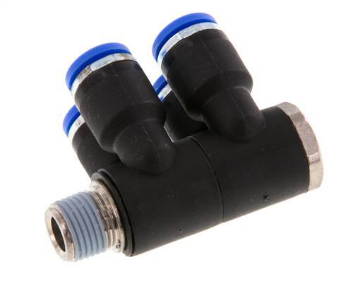 6mm x R1/8'' 4-way Manifold Push-in Fitting with Male Threads Brass/PA 66 NBR Rotatable