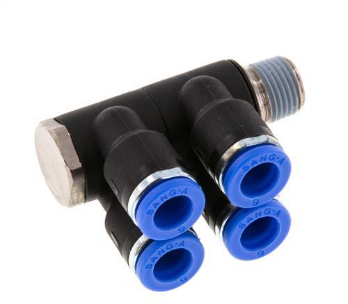 6mm x R1/8'' 4-way Manifold Push-in Fitting with Male Threads Brass/PA 66 NBR Rotatable
