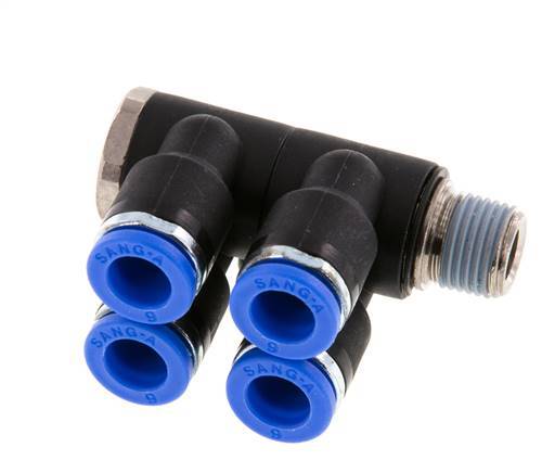 6mm x R1/8'' 4-way Manifold Push-in Fitting with Male Threads Brass/PA 66 NBR Rotatable