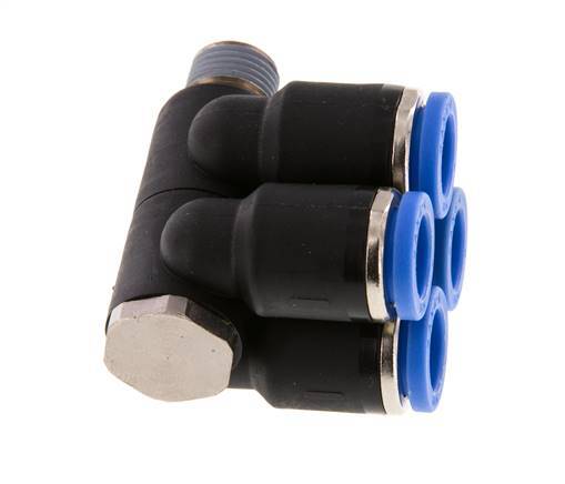 8mm x R1/8'' 4-way Manifold Push-in Fitting with Male Threads Brass/PA 66 NBR Rotatable