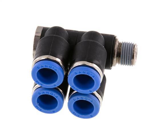 8mm x R1/8'' 4-way Manifold Push-in Fitting with Male Threads Brass/PA 66 NBR Rotatable