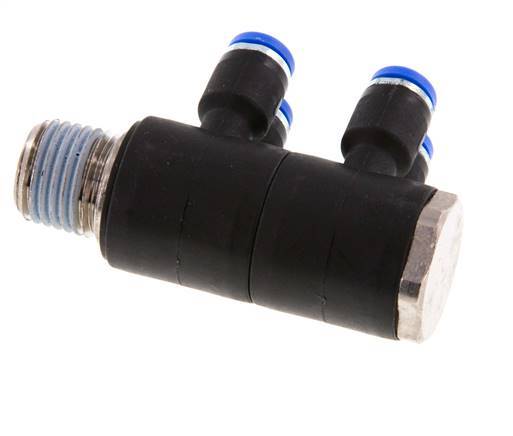 4mm x R1/4'' 4-way Manifold Push-in Fitting with Male Threads Brass/PA 66 NBR Rotatable