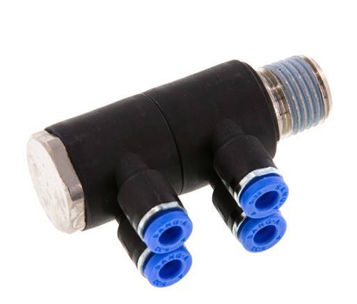 4mm x R1/4'' 4-way Manifold Push-in Fitting with Male Threads Brass/PA 66 NBR Rotatable