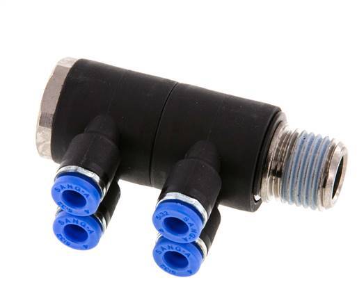 4mm x R1/4'' 4-way Manifold Push-in Fitting with Male Threads Brass/PA 66 NBR Rotatable