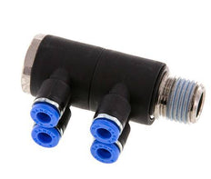 4mm x R1/4'' 4-way Manifold Push-in Fitting with Male Threads Brass/PA 66 NBR Rotatable