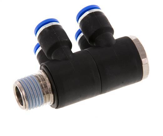 6mm x R1/4'' 4-way Manifold Push-in Fitting with Male Threads Brass/PA 66 NBR Rotatable