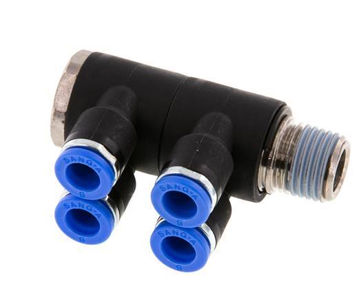 6mm x R1/4'' 4-way Manifold Push-in Fitting with Male Threads Brass/PA 66 NBR Rotatable