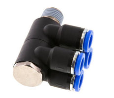 8mm x R1/4'' 4-way Manifold Push-in Fitting with Male Threads Brass/PA 66 NBR Rotatable