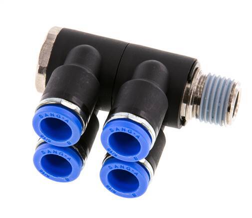 8mm x R1/4'' 4-way Manifold Push-in Fitting with Male Threads Brass/PA 66 NBR Rotatable