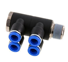 8mm x R3/8'' 4-way Manifold Push-in Fitting with Male Threads Brass/PA 66 NBR Rotatable