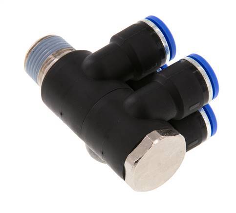 10mm x R3/8'' 4-way Manifold Push-in Fitting with Male Threads Brass/PA 66 NBR Rotatable