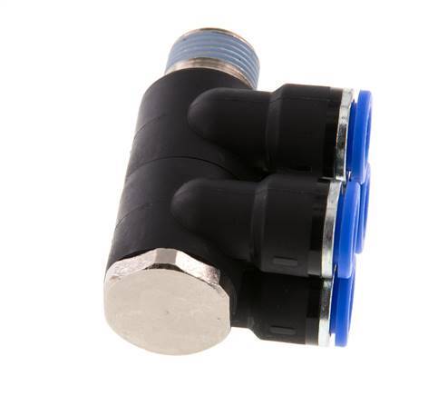 10mm x R3/8'' 4-way Manifold Push-in Fitting with Male Threads Brass/PA 66 NBR Rotatable