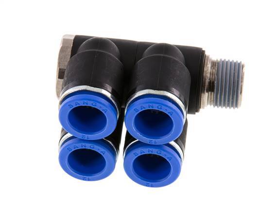 12mm x R3/8'' 4-way Manifold Push-in Fitting with Male Threads Brass/PA 66 NBR Rotatable