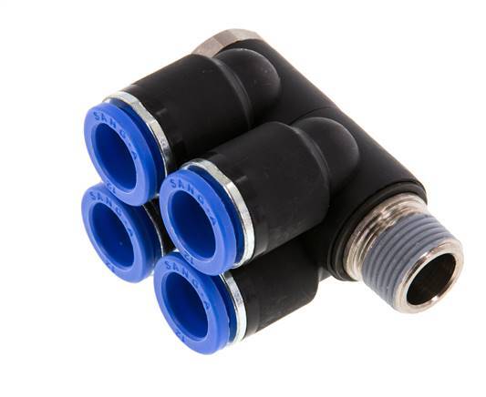 12mm x R3/8'' 4-way Manifold Push-in Fitting with Male Threads Brass/PA 66 NBR Rotatable