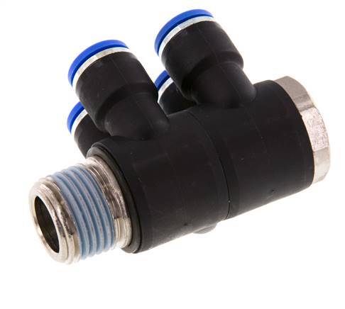 10mm x R1/2'' 4-way Manifold Push-in Fitting with Male Threads Brass/PA 66 NBR Rotatable