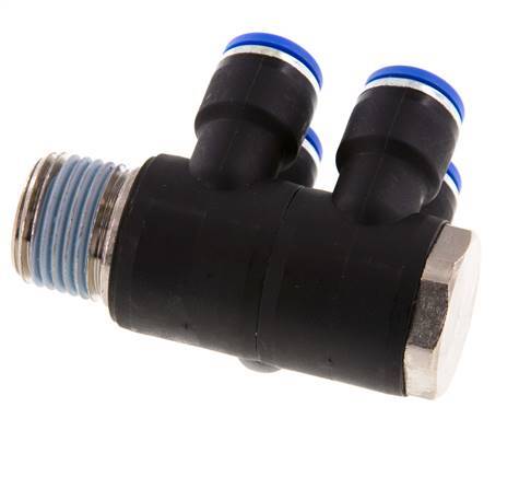 10mm x R1/2'' 4-way Manifold Push-in Fitting with Male Threads Brass/PA 66 NBR Rotatable