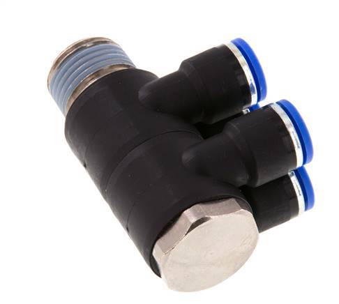 10mm x R1/2'' 4-way Manifold Push-in Fitting with Male Threads Brass/PA 66 NBR Rotatable