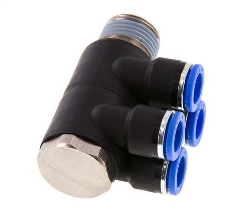 10mm x R1/2'' 4-way Manifold Push-in Fitting with Male Threads Brass/PA 66 NBR Rotatable