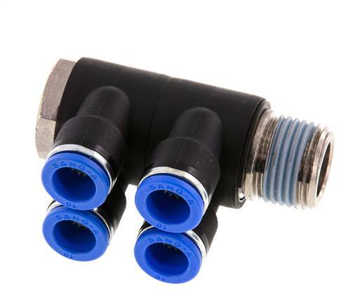 10mm x R1/2'' 4-way Manifold Push-in Fitting with Male Threads Brass/PA 66 NBR Rotatable