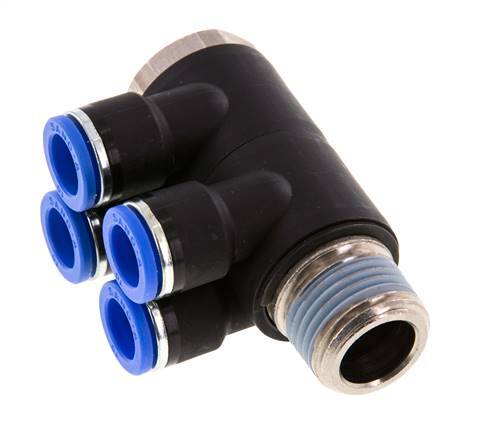 10mm x R1/2'' 4-way Manifold Push-in Fitting with Male Threads Brass/PA 66 NBR Rotatable