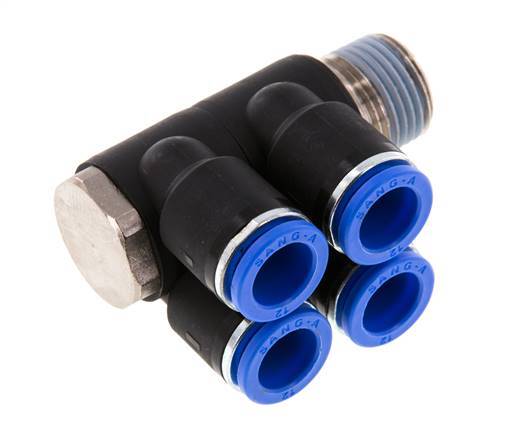 12mm x R1/2'' 4-way Manifold Push-in Fitting with Male Threads Brass/PA 66 NBR Rotatable