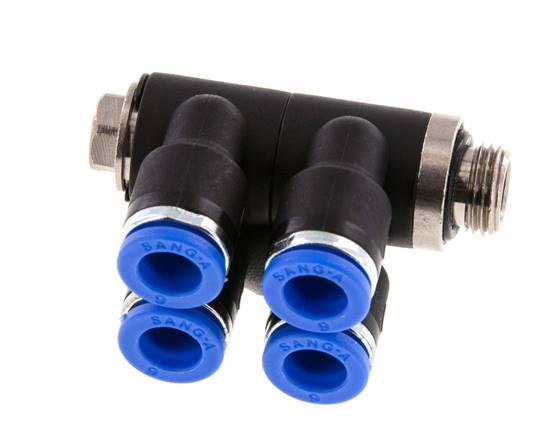 6mm x G1/8'' 4-way Manifold Push-in Fitting with Male Threads Brass/PA 66 NBR Rotatable