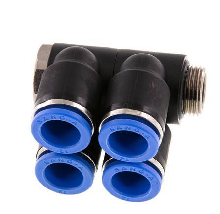 12mm x G3/8'' 4-way Manifold Push-in Fitting with Male Threads Brass/PA 66 NBR Rotatable