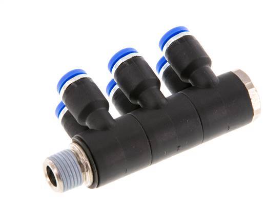 4mm x R1/8'' 6-way Manifold Push-in Fitting with Male Threads Brass/PA 66 NBR Rotatable