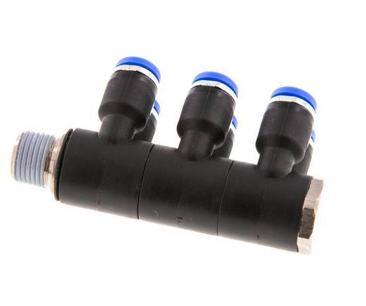 4mm x R1/8'' 6-way Manifold Push-in Fitting with Male Threads Brass/PA 66 NBR Rotatable