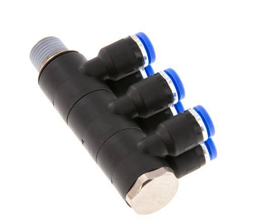 4mm x R1/8'' 6-way Manifold Push-in Fitting with Male Threads Brass/PA 66 NBR Rotatable