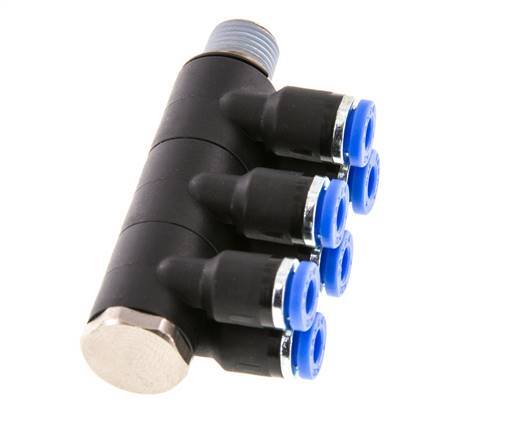 4mm x R1/8'' 6-way Manifold Push-in Fitting with Male Threads Brass/PA 66 NBR Rotatable
