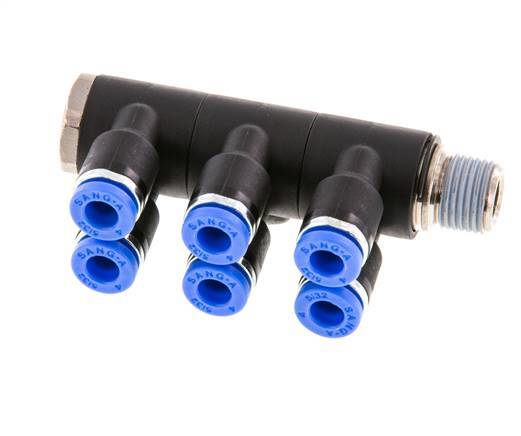 4mm x R1/8'' 6-way Manifold Push-in Fitting with Male Threads Brass/PA 66 NBR Rotatable