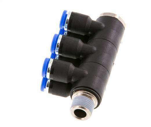 4mm x R1/8'' 6-way Manifold Push-in Fitting with Male Threads Brass/PA 66 NBR Rotatable