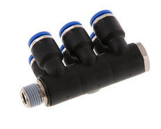 6mm x R1/8'' 6-way Manifold Push-in Fitting with Male Threads Brass/PA 66 NBR Rotatable