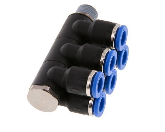 6mm x R1/8'' 6-way Manifold Push-in Fitting with Male Threads Brass/PA 66 NBR Rotatable