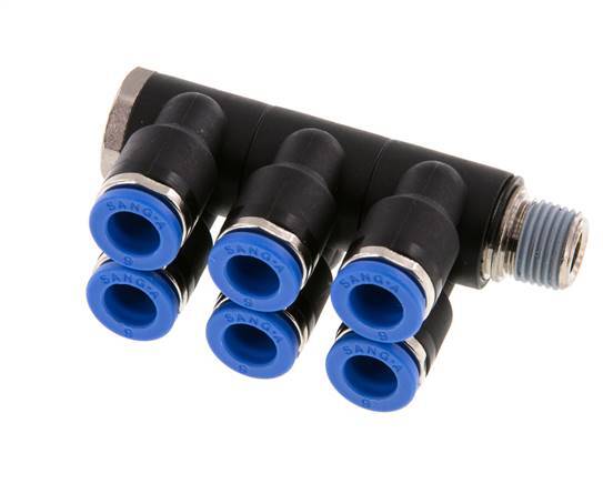 6mm x R1/8'' 6-way Manifold Push-in Fitting with Male Threads Brass/PA 66 NBR Rotatable