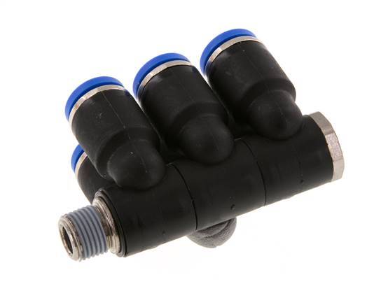 8mm x R1/8'' 6-way Manifold Push-in Fitting with Male Threads Brass/PA 66 NBR Rotatable