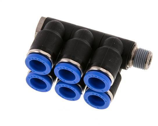 8mm x R1/8'' 6-way Manifold Push-in Fitting with Male Threads Brass/PA 66 NBR Rotatable