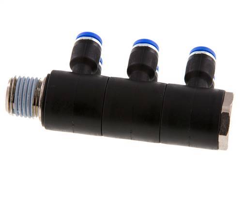 4mm x R1/4'' 6-way Manifold Push-in Fitting with Male Threads Brass/PA 66 NBR Rotatable